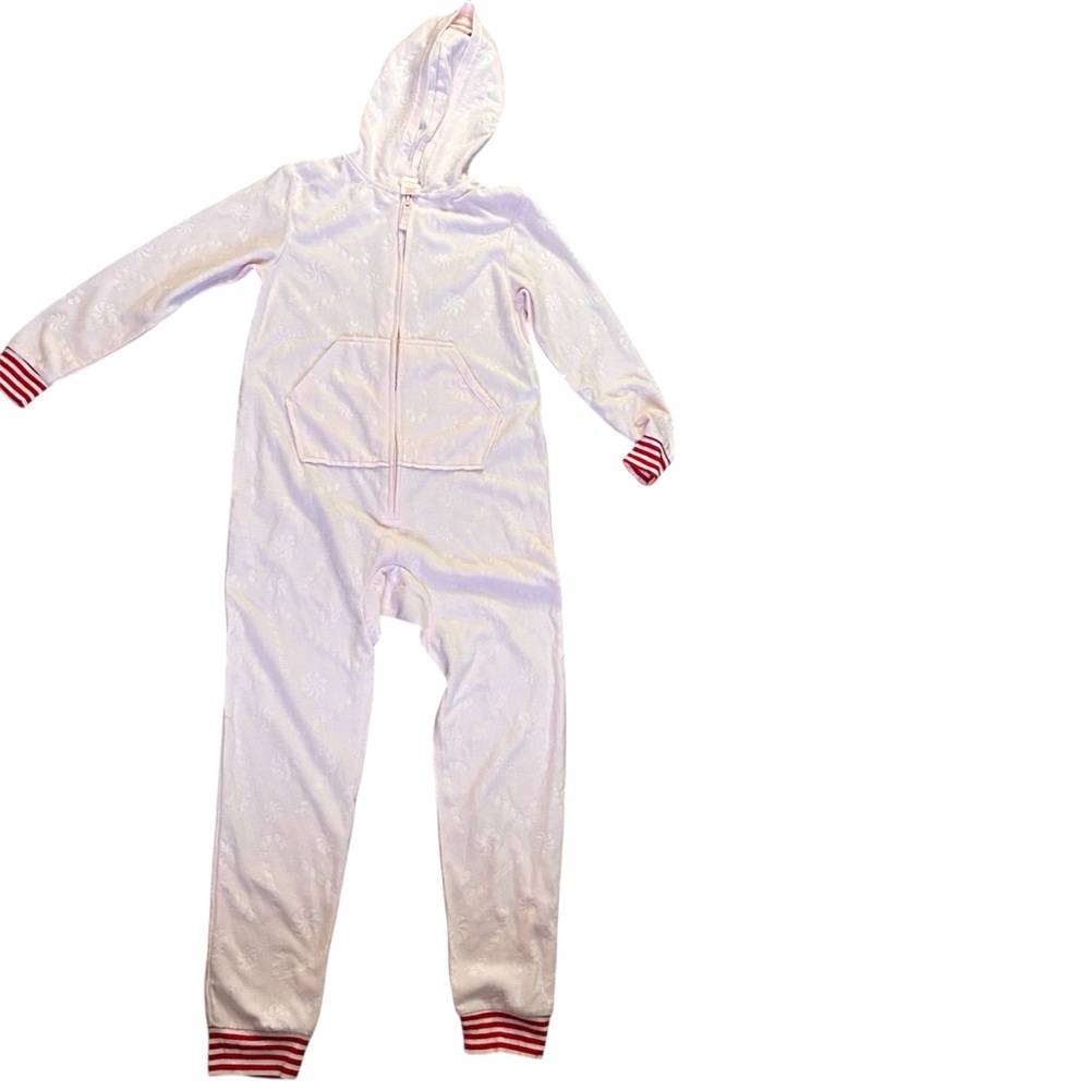 Cat & Jack Pink Christmas/Holiday Candy Cane Hooded One-Piece Pajamas Size L NWT
